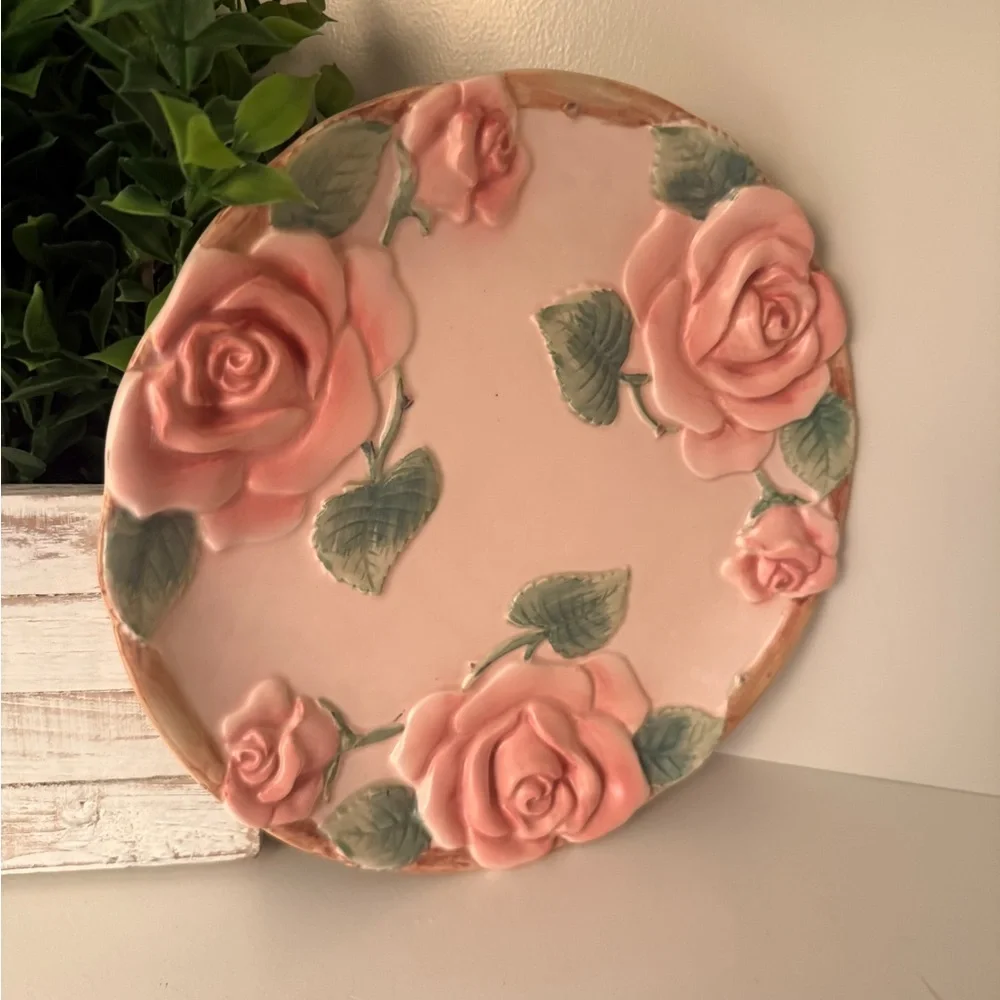 Fitz & Floyd Blushing Rose Embossed Pink Floral Ceramic Plate Serving Piece 1987